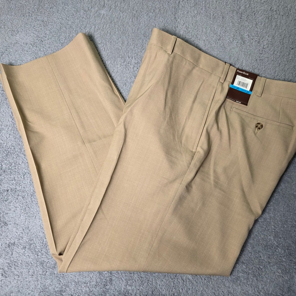 Perry Ellis Mens 36x30 Dress Pants Teak Beige Flat Front Straight Leg 45HB9002PS